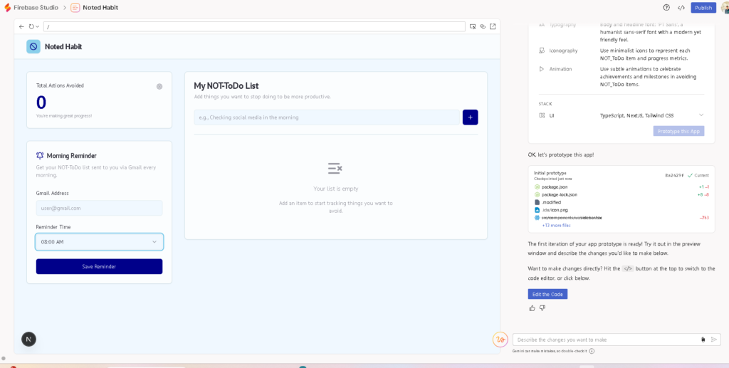 NOT_ToDoアプリを作成したFirebase Studioのdevelopment画面。