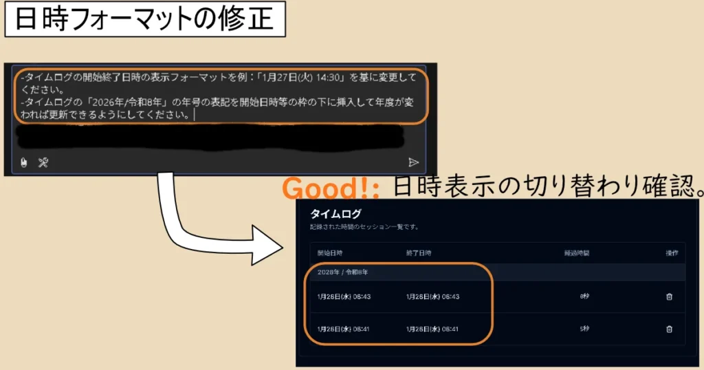 日時フォーマットの修正の様子を画像で可視化。プロンプトを依頼してプレビューで確認。OK!