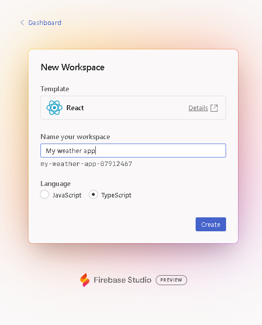 Firebase StudioのTemplatesからReactを選択してNew Workspaceを作る選択画面。