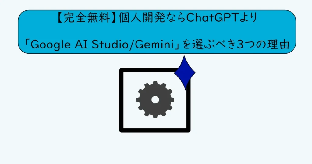 記事のサムネイル「【完全無料】個人開発ならChatGPTより「Google AI Studio/Gemini」を選ぶべき3つの理由」と書かれている。AI Studioのアイコンに似た自作アイコン。