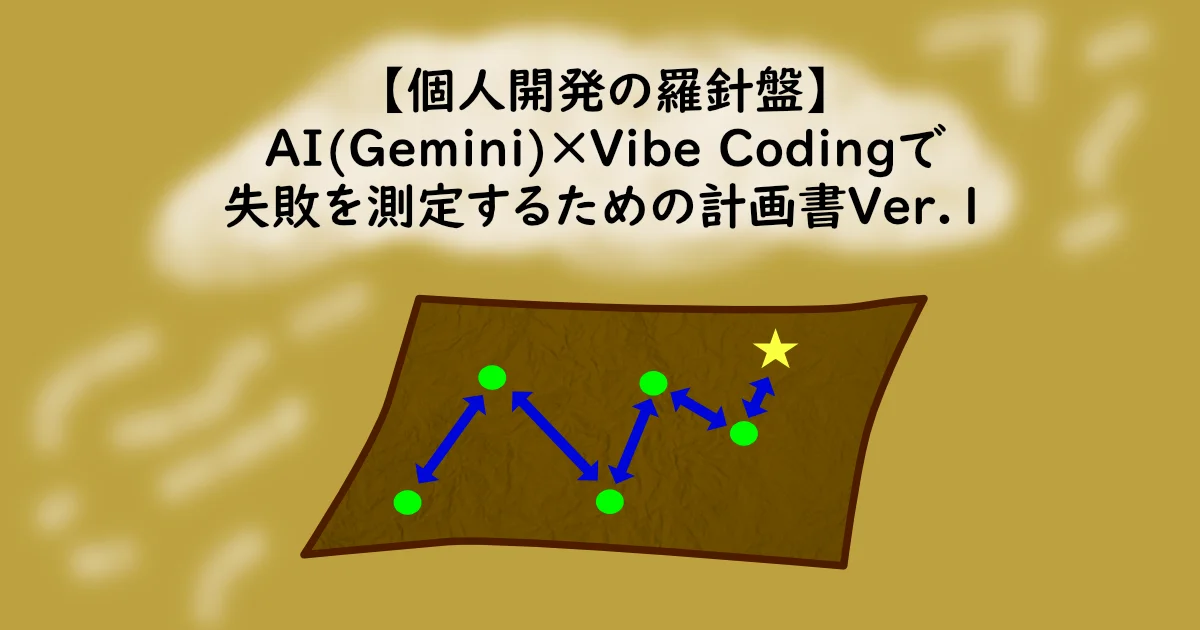 記事サムネイル。「【個人開発の羅針盤】AI(Gemini)×Vibe Codingで失敗を測定するための計画書Ver.1」と地図をイメージした図形イラスト画像。