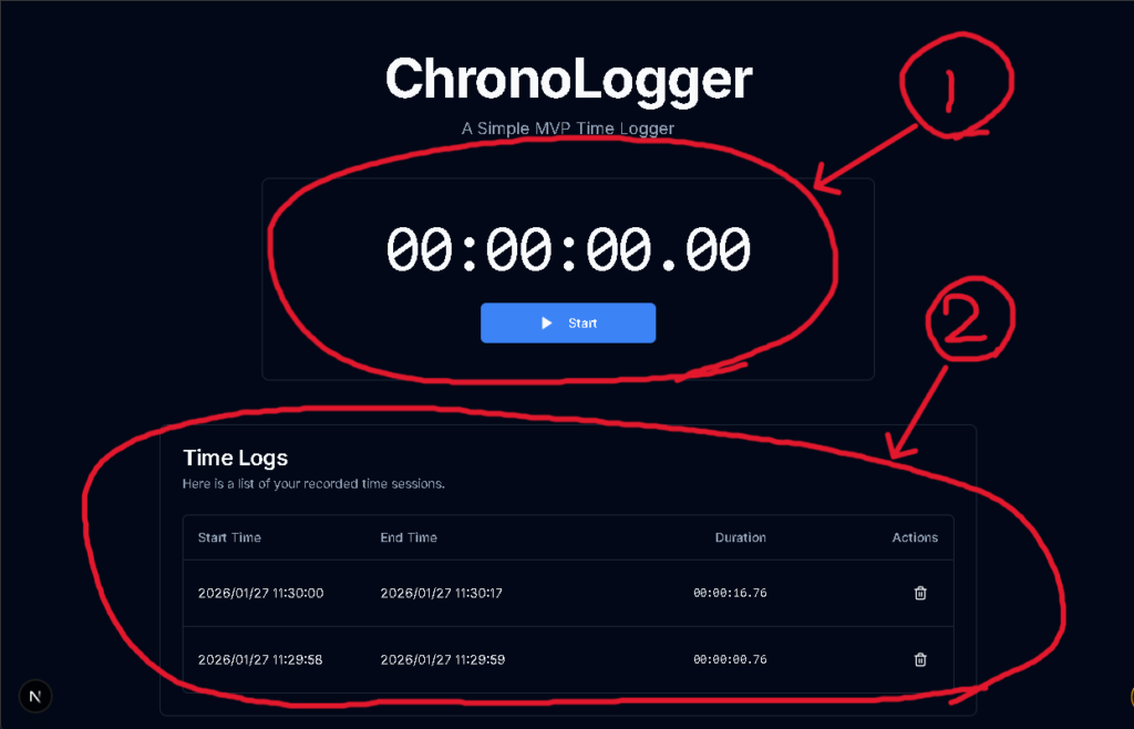 Firebase連携後プロトタイプの動作確認。機能1,2のテストの模様。「時計ログアプリ/タイマー機能・LogList」