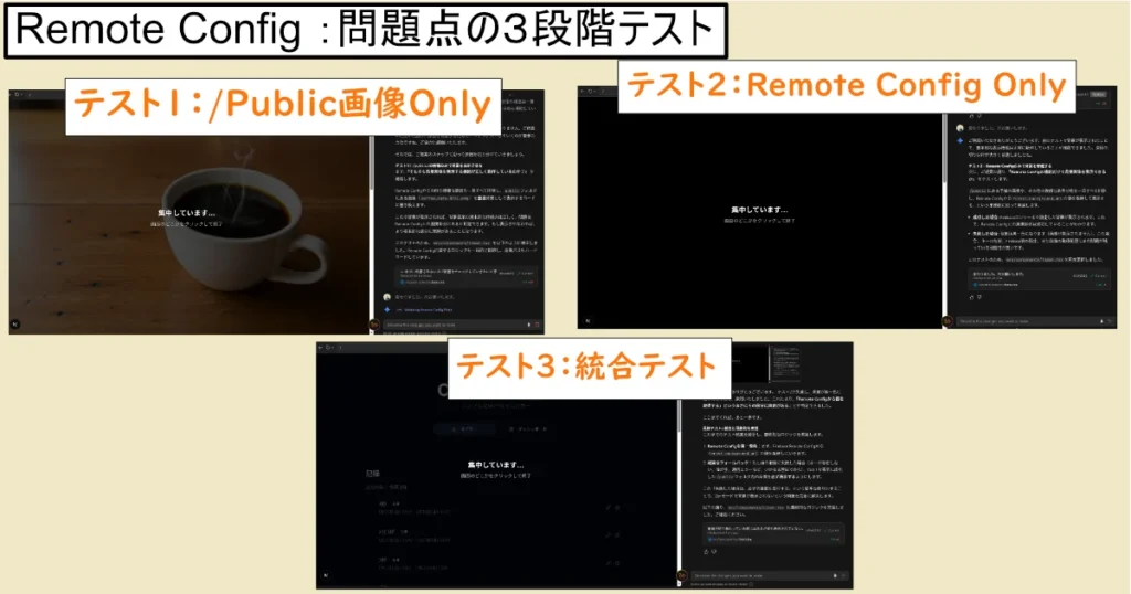 Remote config機能実装での問題について原因を探るテストを実施した画像。