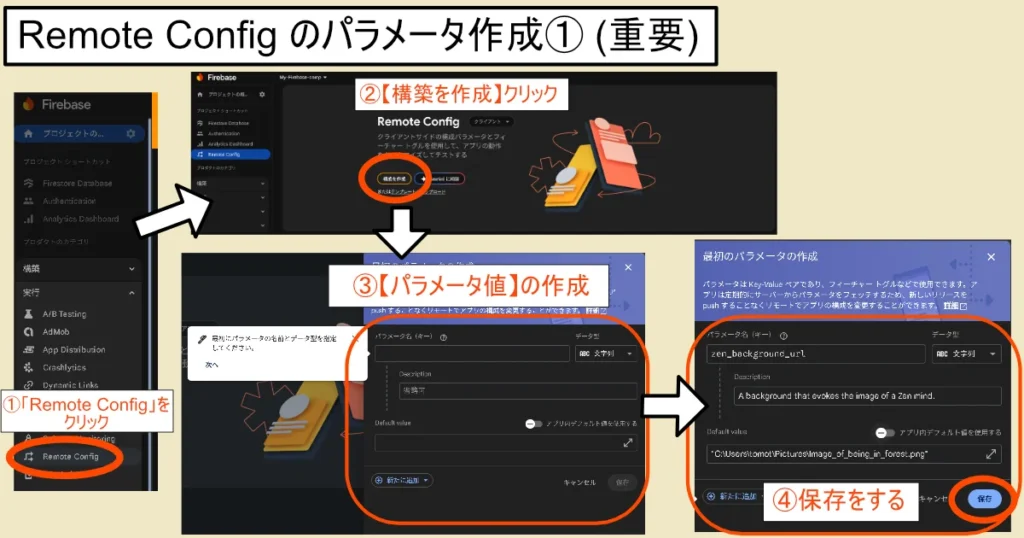 Firebase Remote Config機能のパラメータ作成の手順１。続きあり。