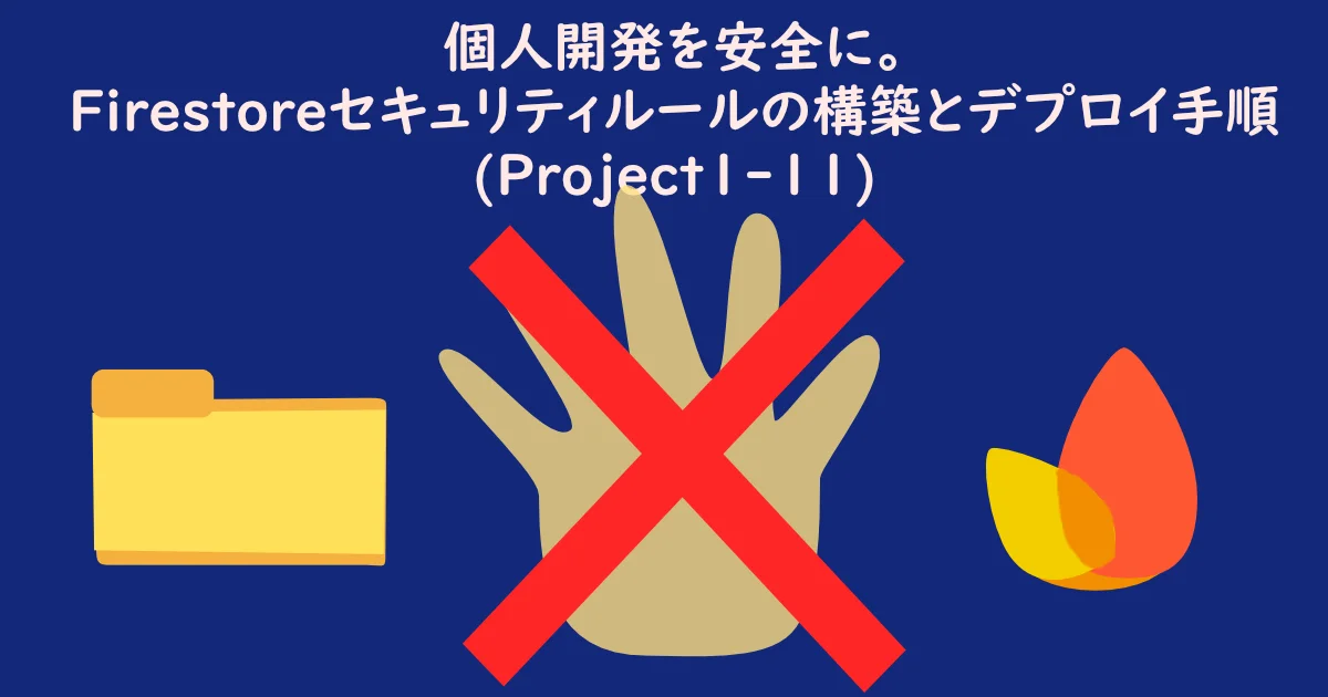 記事サムネイル「個人開発を安全に。Firestoreセキュリティルールの構築とデプロイ手順(Project1-11) 」。イラスト（イメージ）：local fileとfirebaseに侵入させないをイメージ。