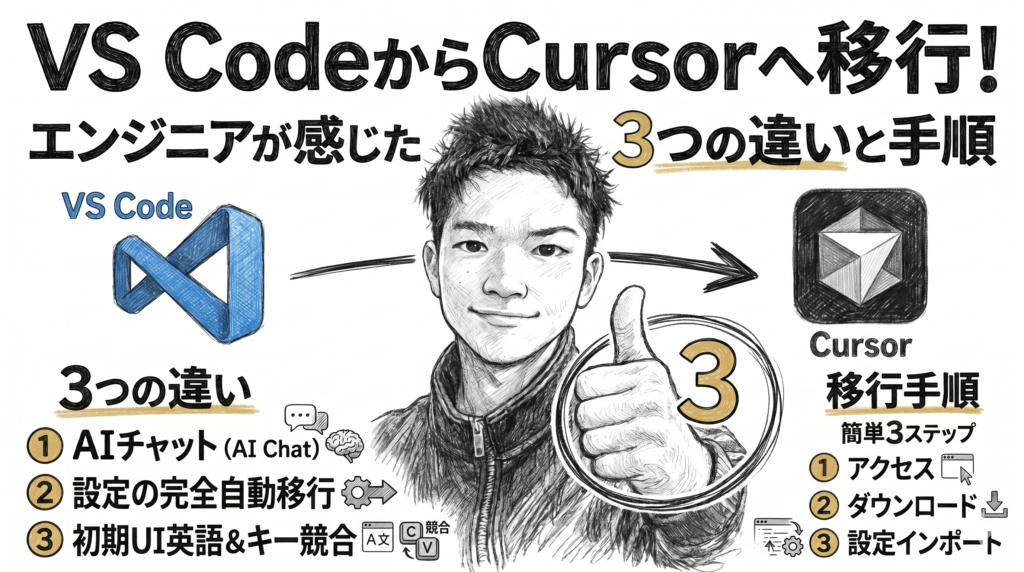 VS CodeからCursorへの移行における3つの違いと手順を、イラストと文字で解説したサムネイル。