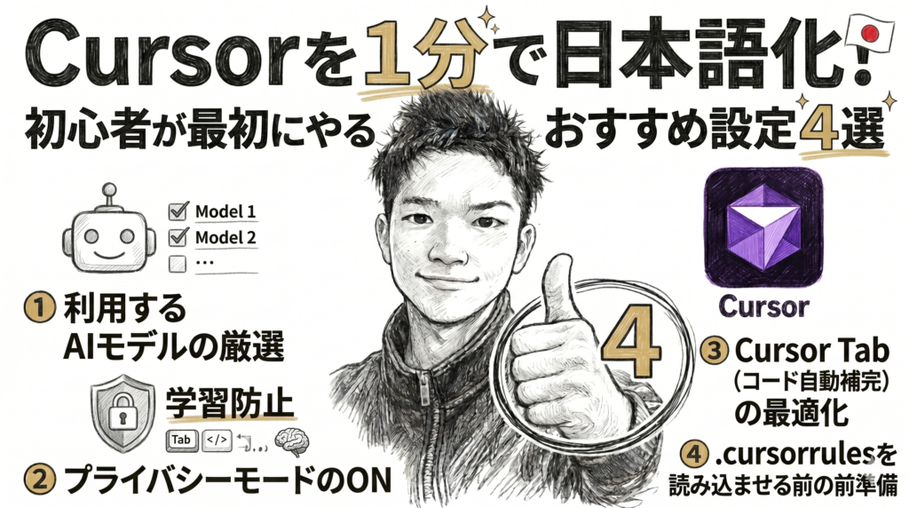 「Cursorを1分で日本語化！初心者が最初にやるおすすめ設定4選」と書かれた解説用のサムネイル。