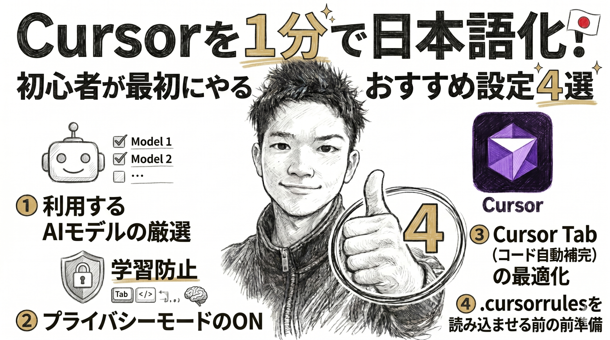 「Cursorを1分で日本語化！初心者が最初にやるおすすめ設定4選」と書かれた解説用のサムネイル。