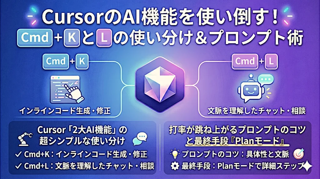 「CursorのAI機能を使い倒す！Cmd+KとLの使い分け＆プロンプト術」と書かれた解説用のサムネイル。