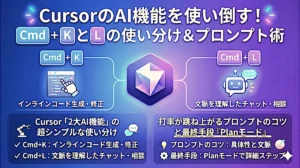 「CursorのAI機能を使い倒す！Cmd+KとLの使い分け＆プロンプト術」と書かれた解説用のサムネイル。