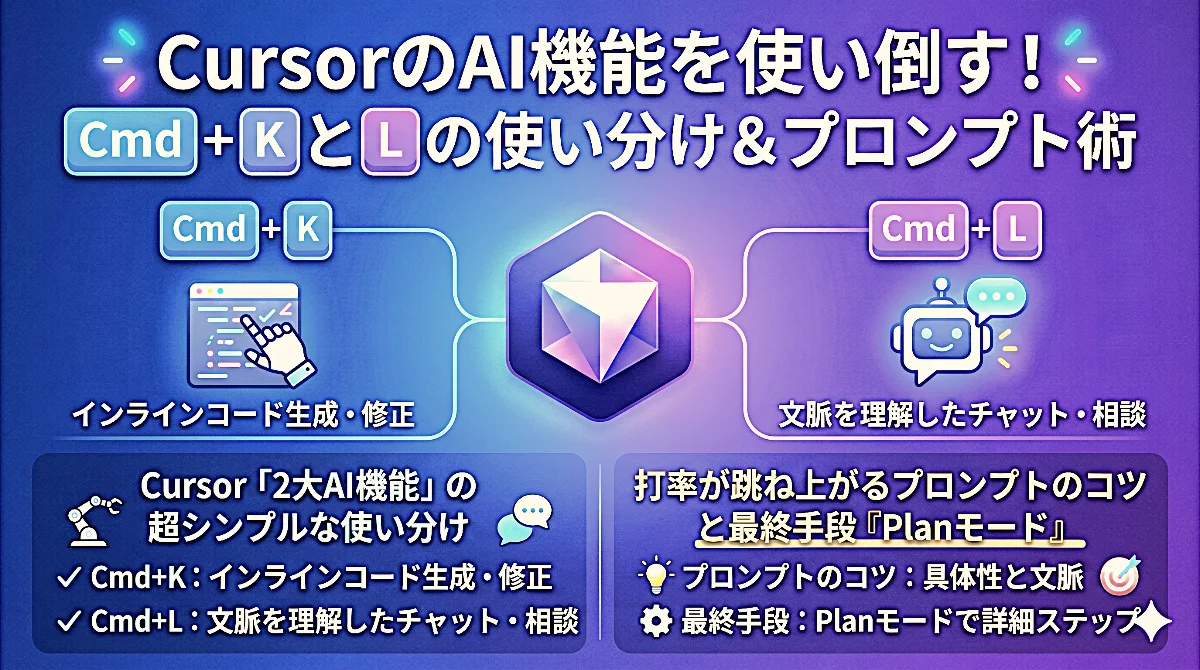 「CursorのAI機能を使い倒す！Cmd+KとLの使い分け＆プロンプト術」と書かれた解説用のサムネイル。