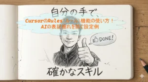 「CursorのRules(ルール)機能の使い方!AIの表記揺れを防ぐ設定例」と書かれたノート風のサムネイル画像。