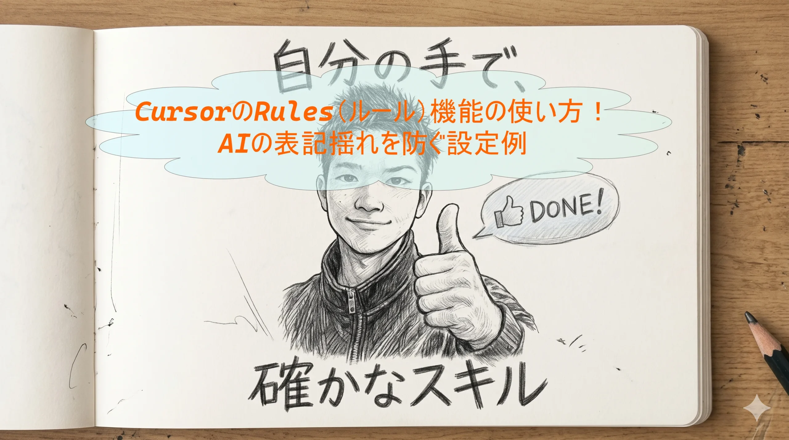 「CursorのRules(ルール)機能の使い方！AIの表記揺れを防ぐ設定例」と書かれたノート風のサムネイル画像。