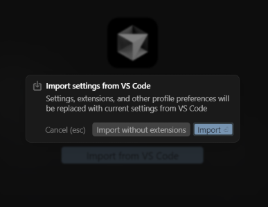 Cursorの初期設定における、VS Codeからの設定インポート確認ダイアログ画面。