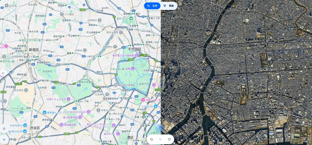 mapの抽象的な表示とリアルな表示のスプリット表示。アプリではどちらのモードも対応している。