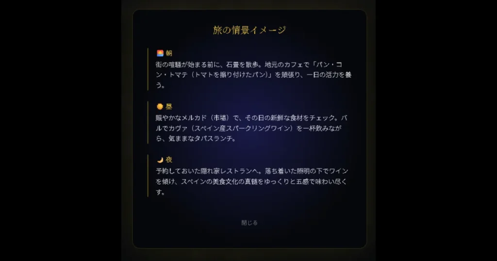 「旅の情景イメージ」として、スペインでの朝、昼、夜の過ごし方のストーリーが時系列で紹介されているポップアップ画面。