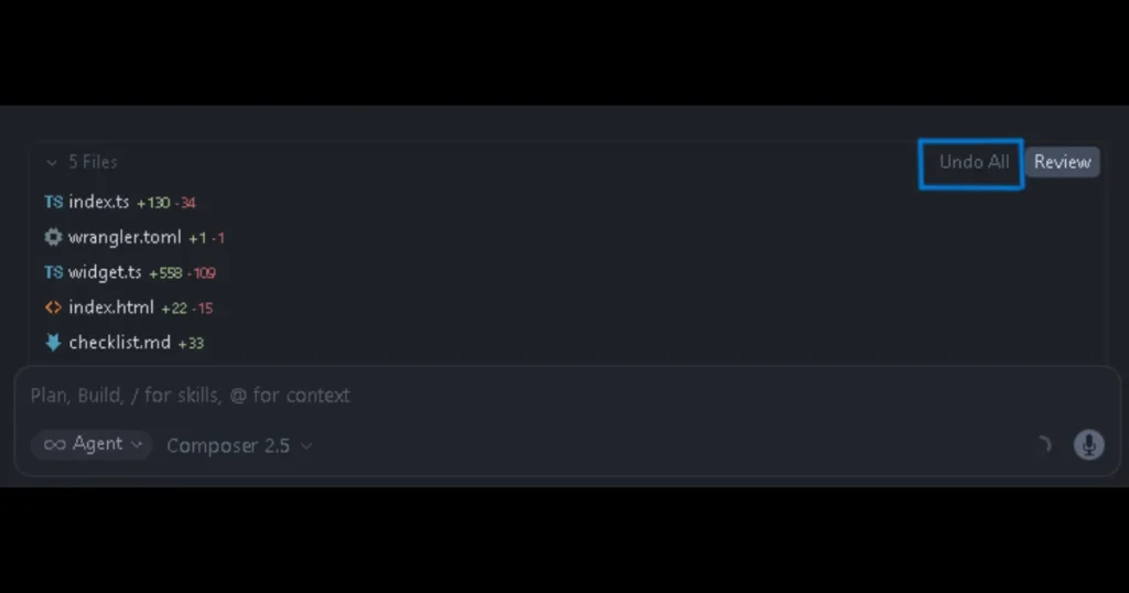 変更された5つのファイルリストと「Undo All」ボタンが青枠で強調されたAIエディタの画面。