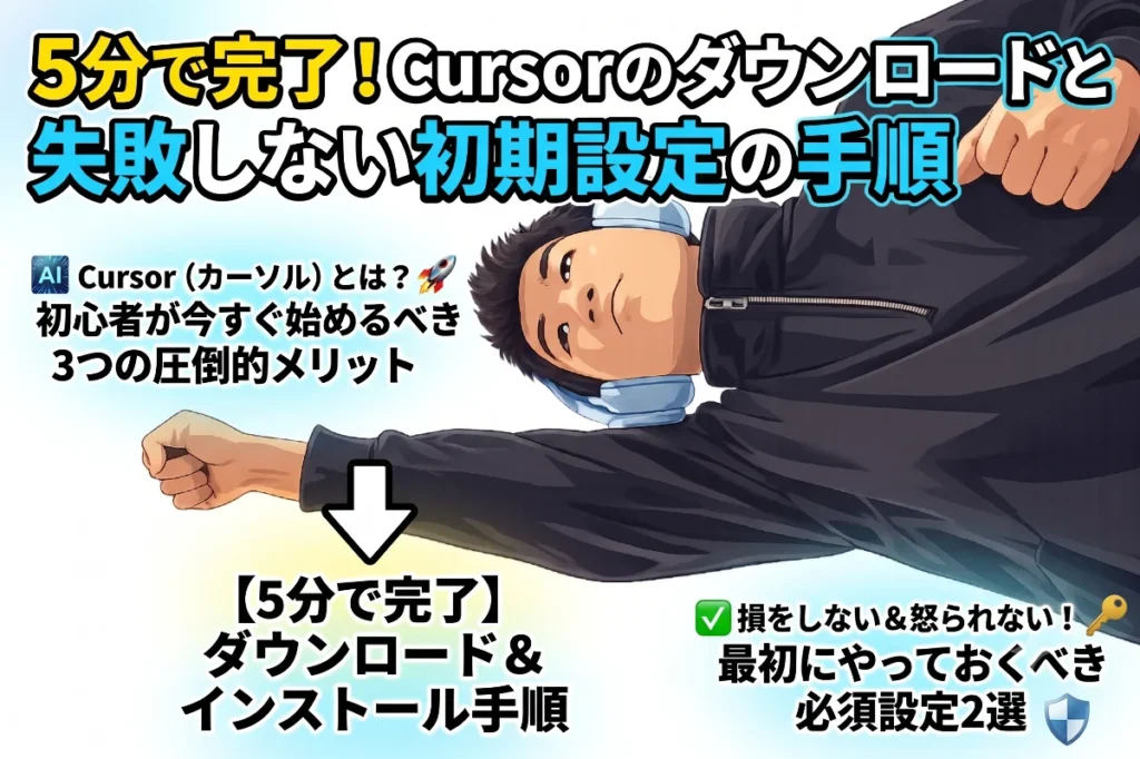 「5分で完了！Cursorのダウンロードと失敗しない初期設定の手順」と書かれた解説記事のサムネイル。