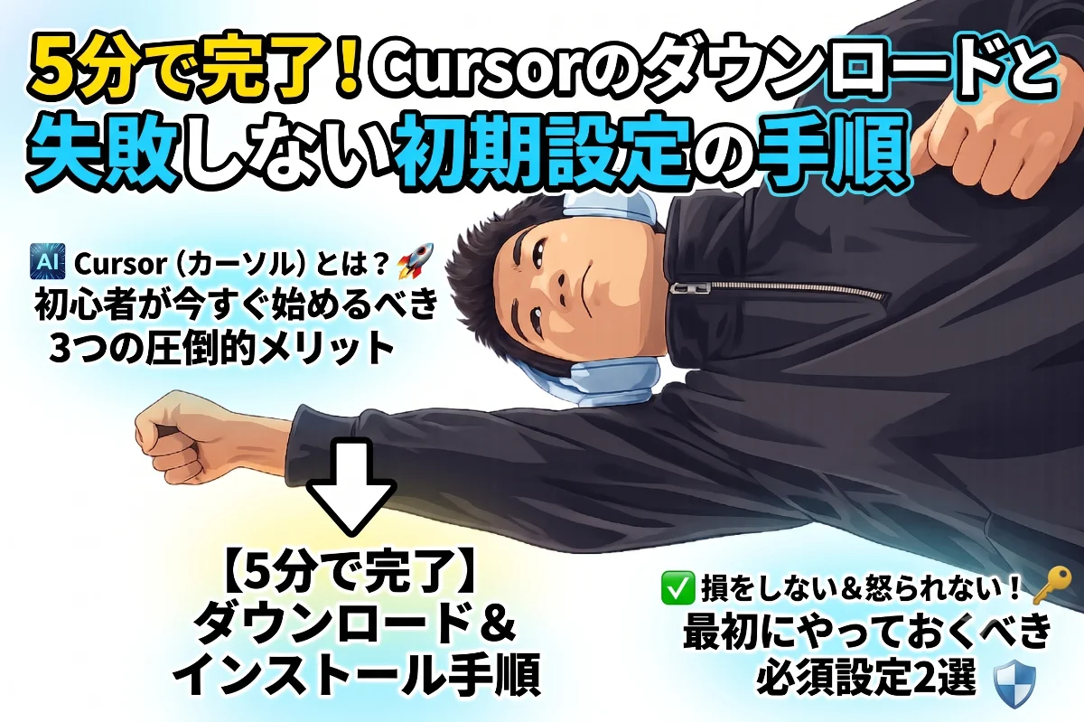 「5分で完了！Cursorのダウンロードと失敗しない初期設定の手順」と書かれた解説記事のサムネイル。