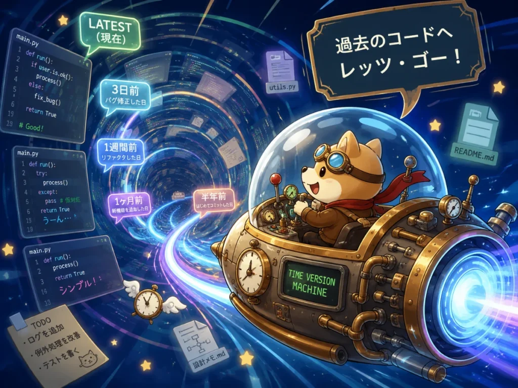 「過去のコードへ レッツ・ゴー！」と書かれ、犬のキャラクターがタイムマシンで過去のコードを遡るイラスト。