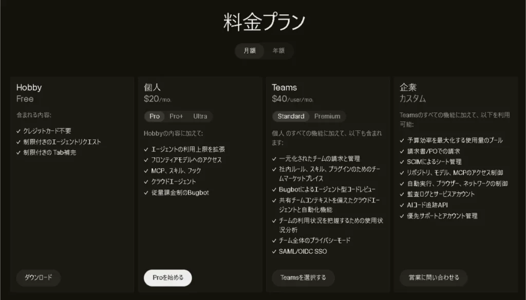 「Hobby」「個人」「Teams」「企業」の4つのコースが並んだCursorの日本語料金プラン表の画面。
