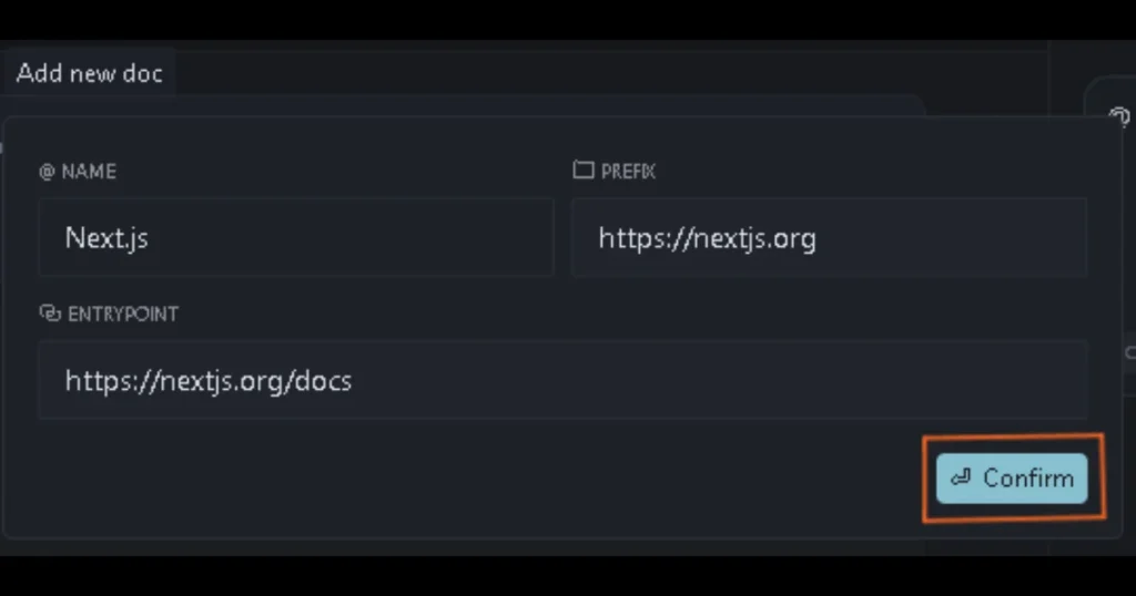 ドキュメント名やプレフィックスを入力し、「Confirm」ボタンがオレンジ枠で囲まれた登録ポップアップ画面。