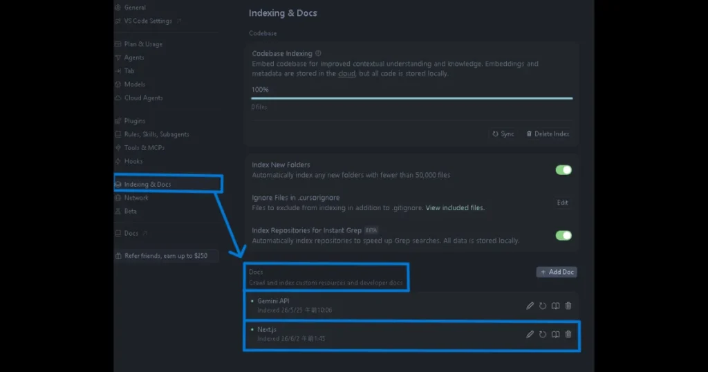 設定の「Indexing & Docs」から登録済みのNext.jsドキュメント一覧を示す設定画面全体。