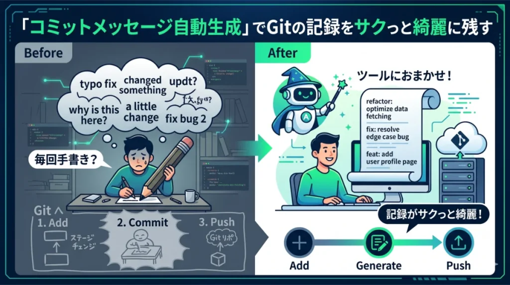 悩む手書きのコミットと、AIツールによる綺麗な自動生成コミットを比較した「コミットメッセージ自動生成」のインフォグラフィック。