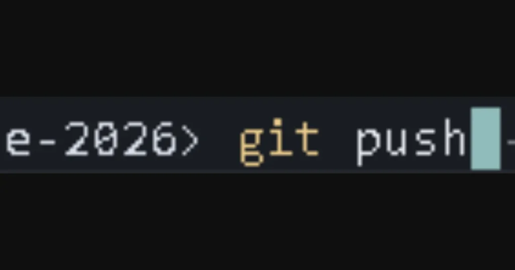 黒い背景のターミナル画面に「git push」というコマンドが入力されている様子。