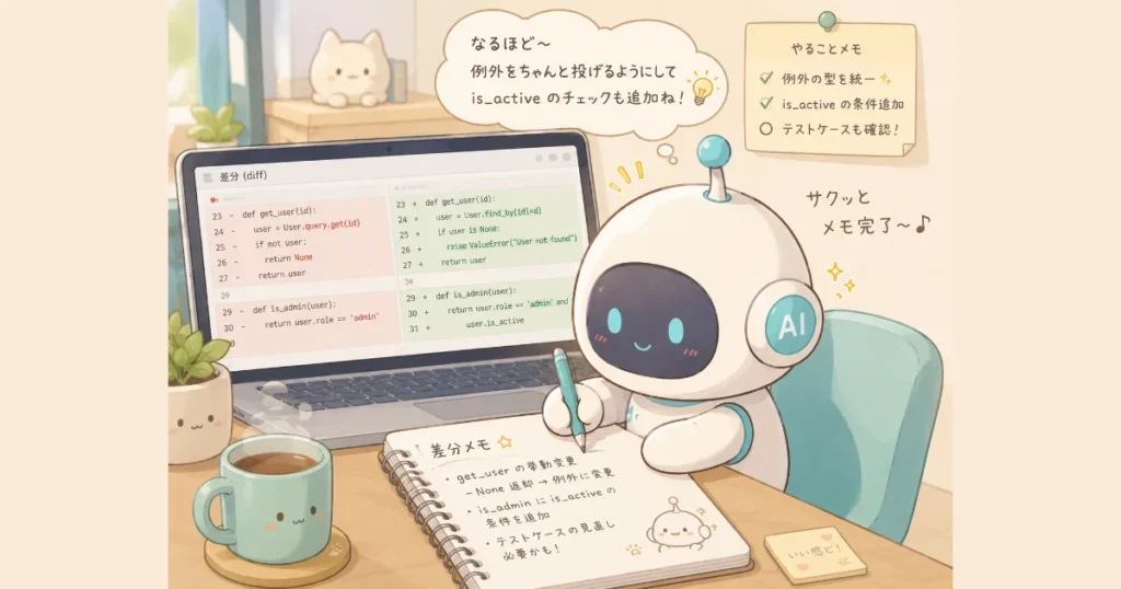 パソコンの画面でコードの差分を確認しながら、ノートに変更内容のメモを書き込んでいる可愛らしいAIロボットのイラスト。