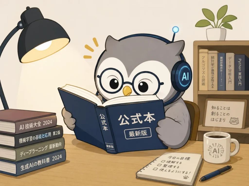「公式本 最新版」を熱心に読み込む、メガネとAIヘッドセットを着用したフクロウのイラスト。