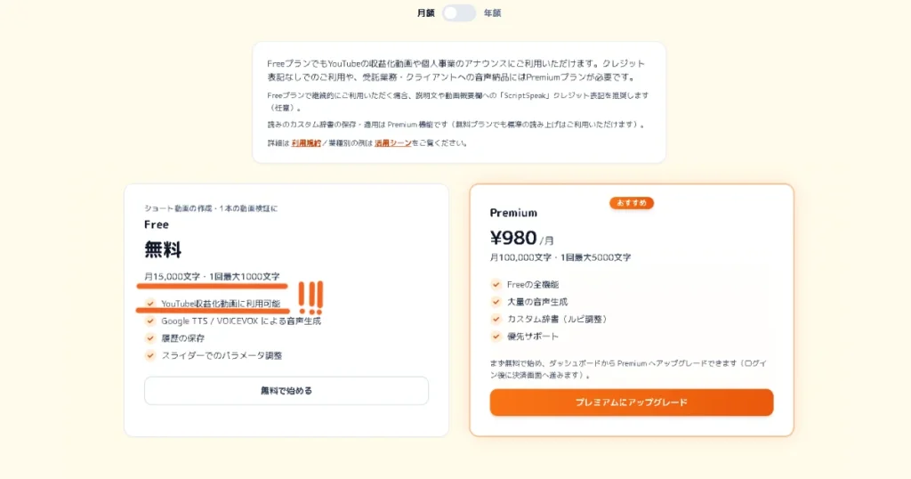 FreeプランとPremiumプラン（月額980円）の料金や機能比較が掲載されているWebサイトの画面。
