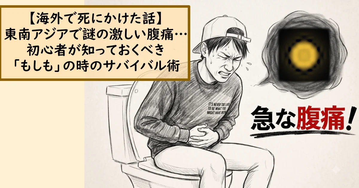 東南アジアでの激しい腹痛とサバイバル術に関するテキストと、トイレで腹痛に苦しむ男性のイラスト。