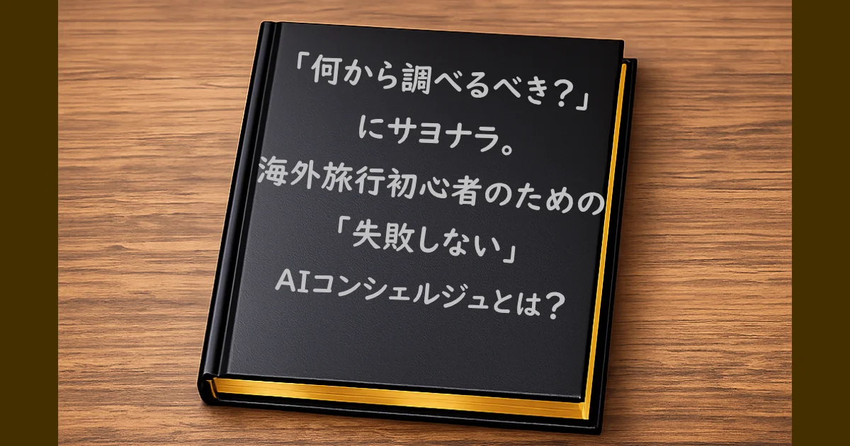 「海外旅行初心者のための『失敗しない』AIコンシェルジュとは？」と書かれた黒い本の画像。