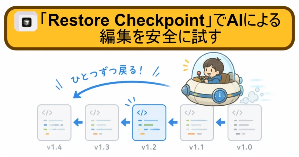 「『Restore Checkpoint』でAIによる編集を安全に試す」という文字と、タイムマシンで過去のファイルに戻るイラスト。