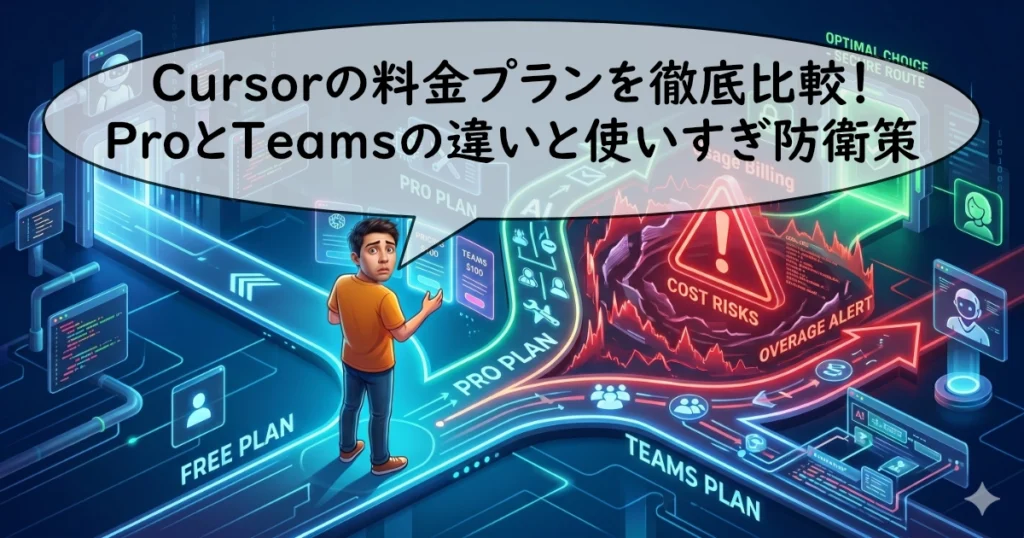 「Cursorの料金プランを徹底比較！ProとTeamsの違いと使いすぎ防衛策」というタイトルと、プランの分岐路に立つ男性が描かれたイラスト。
