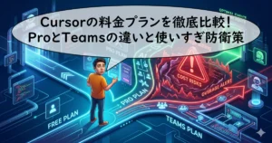 「Cursorの料金プランを徹底比較！ProとTeamsの違いと使いすぎ防衛策」というタイトルと、プランの分岐路に立つ男性が描かれたイラスト。