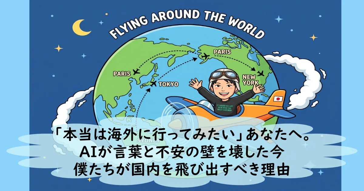「本当は海外に行ってみたい」あなたへ。AIが言葉と不安の壁を壊した今僕たちが国内を飛び出すべき理由、と書かれた地球と飛行機のイラスト。