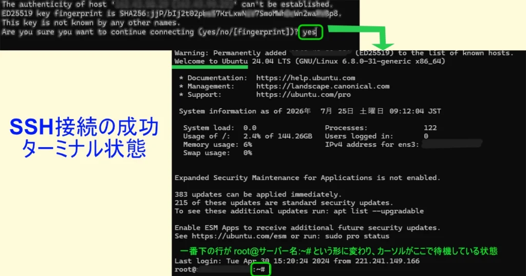 SSH接続の成功 ターミナル状態。Ubuntu 24.04 LTSへ接続されカーソルが待機している画面