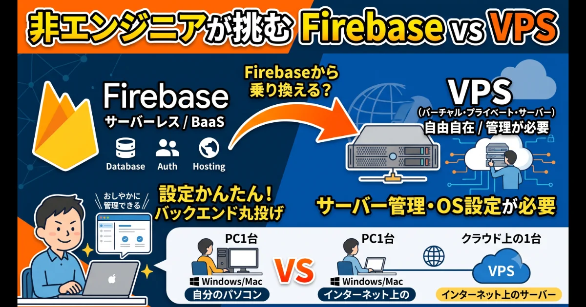 記事サムネイル画像。非エンジニアが挑むVPSの学習と疑問についてのイメージイラスト。Firebase vs VPSへの乗り換えの検討。そもそも何が違うのかをAIを使って学習。