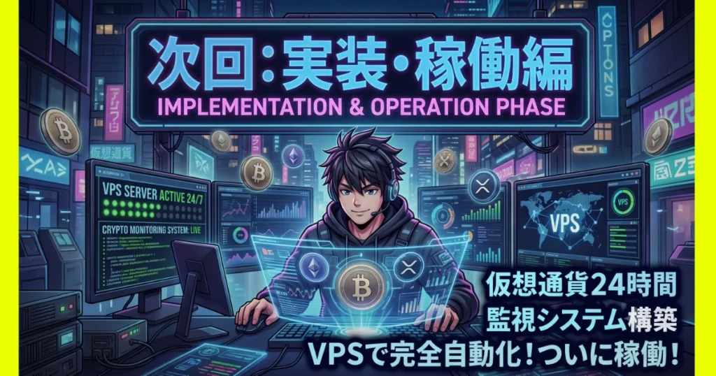次回予告実装・稼働編「仮想通貨24時間監視システム構築 VPSで完全自動化！ついに稼働！」の案内