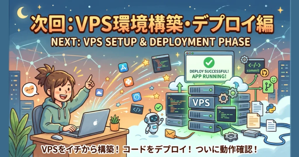 次回予告VPS環境構築・デプロイ編「VPSをイチから構築！コードをデプロイ！ついに動作確認！」の案内