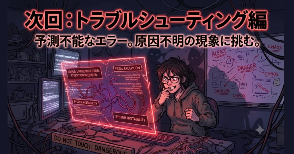 次回予告トラブルシューティング編「予測不能なエラー。原因不明の現象に挑む。」の案内