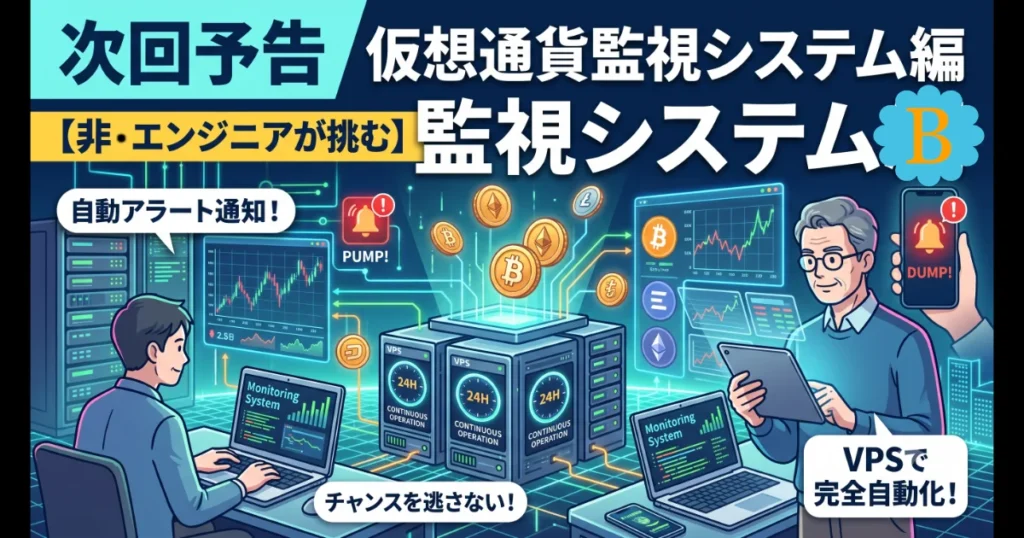 次回予告 仮想通貨監視システム編「【非・エンジニアが挑む】監視システムB VPSで完全自動化！」の案内