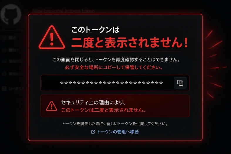 GitHubのPersonal Access Token生成時に表示される「このトークンは二度と表示されません！」という警告画面