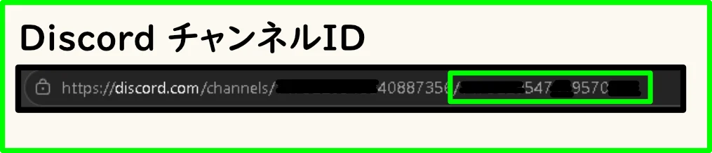 DiscordのWebブラウザURLバーにおいて、チャンネルIDにあたる末尾の数値部分が強調された画面