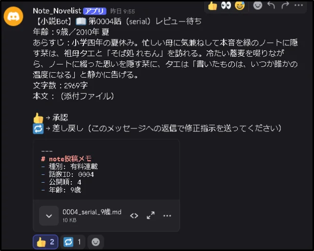DiscordでNote_Novelistアプリから連載小説第0004話のレビュー依頼通知が届き、あらすじや承認・差し戻しの操作案内が表示されている画面