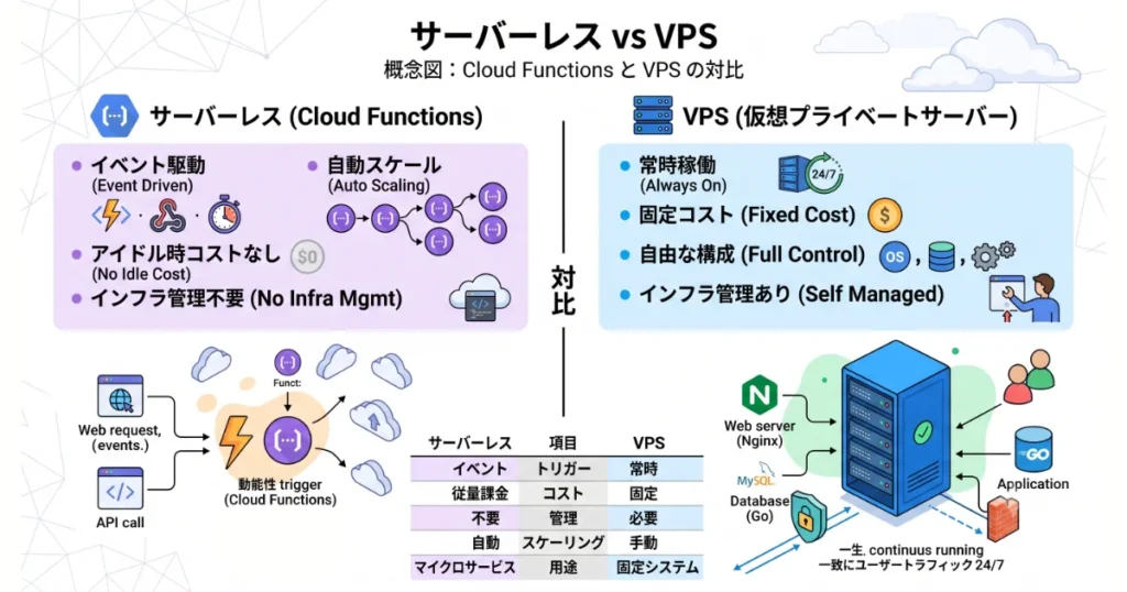 サーバーレス(Cloud Functions)とVPS(仮想プライベートサーバー)の機能・コスト比較図