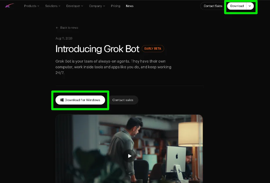 Grok Bot公式サイトの「Download for Windows」ボタンが強調された画面