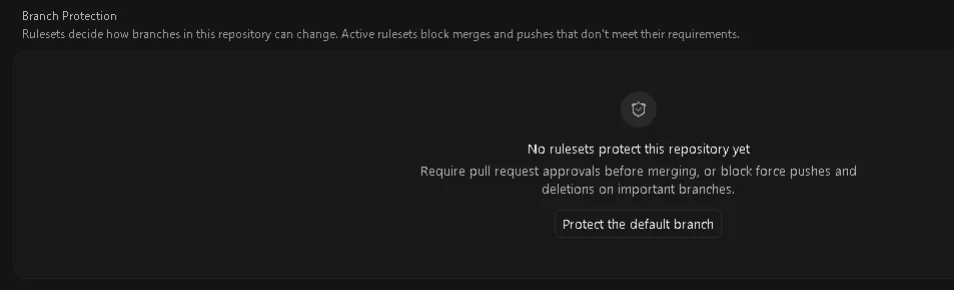 ブランチ保護の設定画面でルール未作成時の案内とProtect the default branchボタン